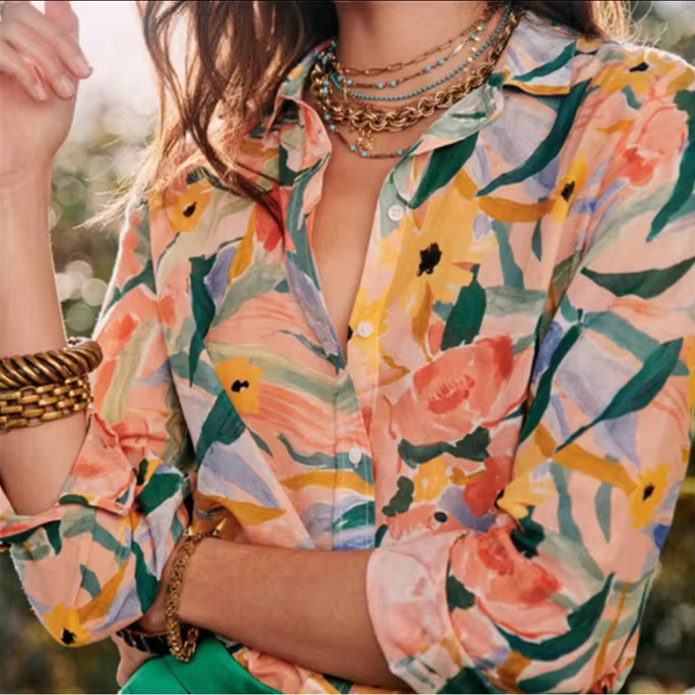 Sezane Floral Button-Down Shirt in Peach, Green, Yellow